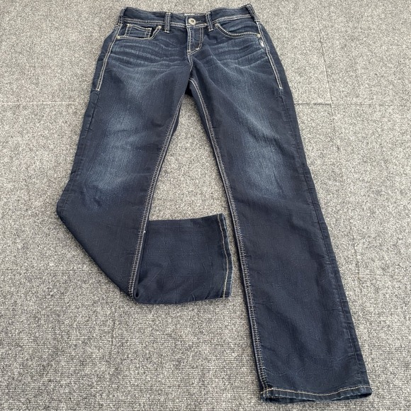 Silver Suki High Straight Jeans Women 28x32 Long Super Stretch Dark Thick Stitch - Picture 1 of 14